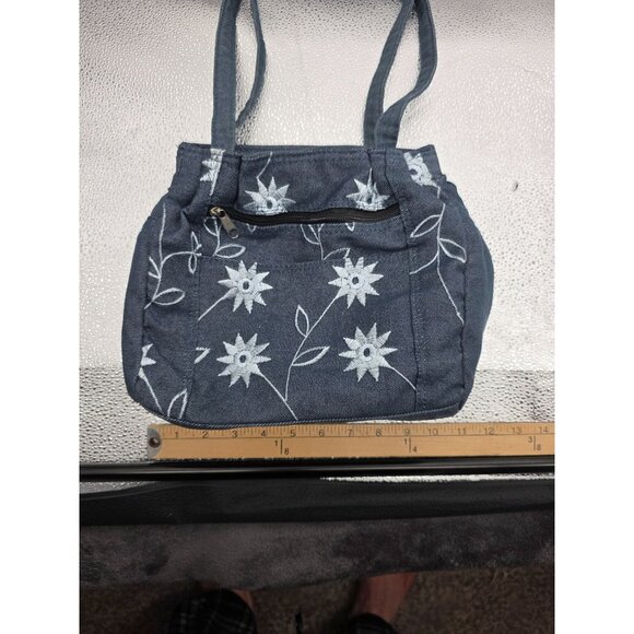 Floral Embroidered Denim Handbag With Zipper Closure & Matching Wallet Set - Picture 11 of 16